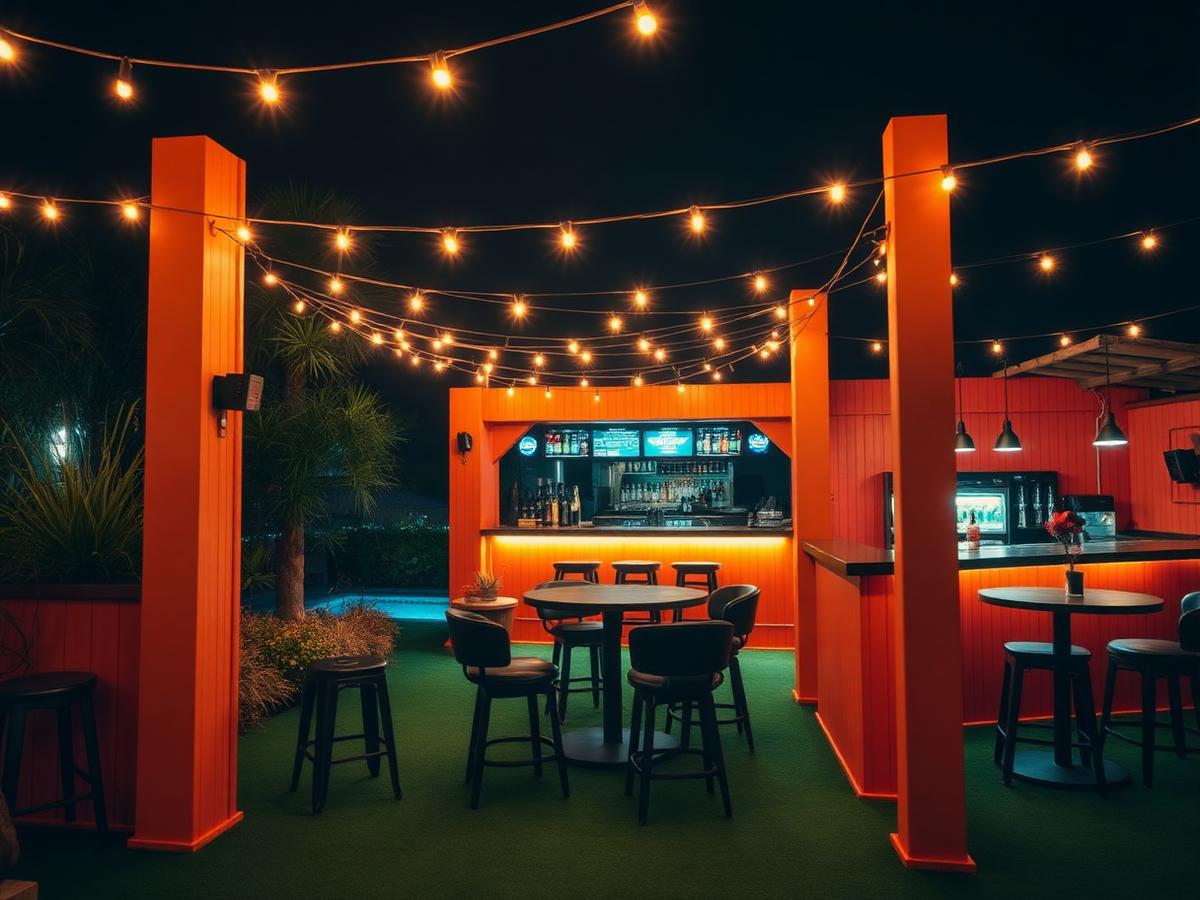 Sit-out lounge at night with fairy lights
